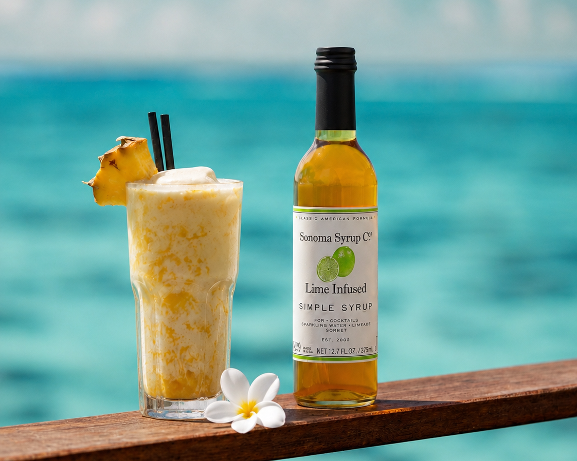 Sonoma Paradise frozen pineapple coconut rum cocktail with Sonoma Syrup Co. Lime Simple Syrup