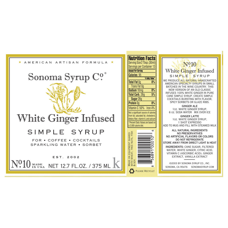 Sonoma Syrup Co. White Ginger Infused Simple Syrup Label