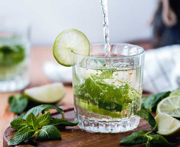Picture of Mojito Cocktail made with Sonoma Syrup Mint Simple Syrup, fresh lime, and fresh mint leaves topped with club soda.