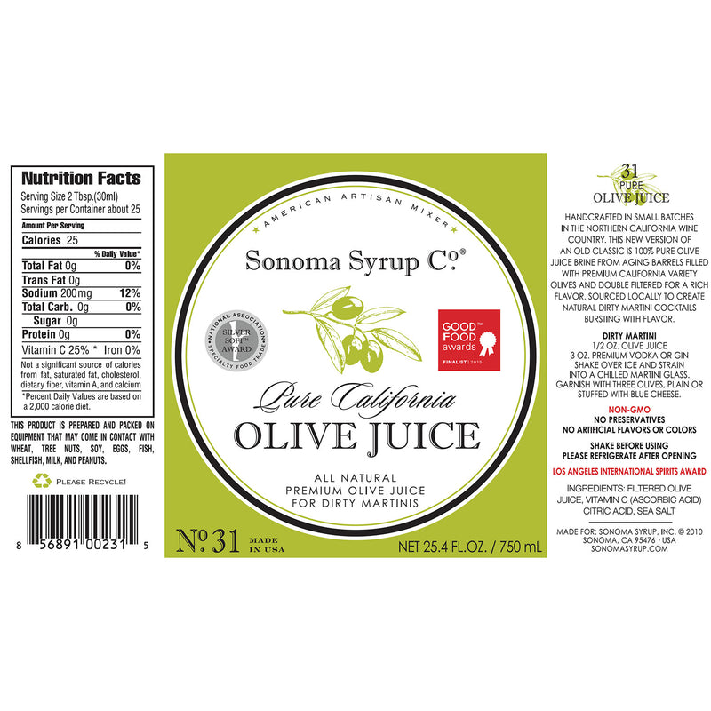 Sonoma Syrup Co. Pure California Olive Juice Bar Mixer Label