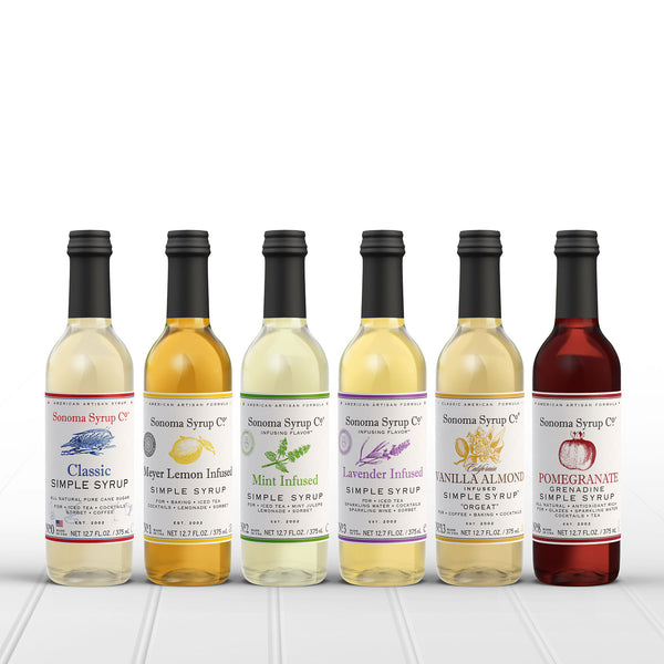 Sonoma Syrup Co. 6 Pack Gift Set of Classic, Meyer Lemon, Mint, Lavender, Vanilla Almond (Orgeat), and Pomegranate Simple Syrup