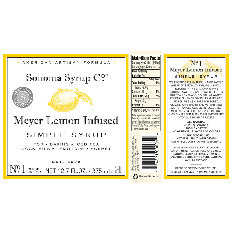 Sonoma Syrup Co. Meyer Lemon Simple Syrup Label