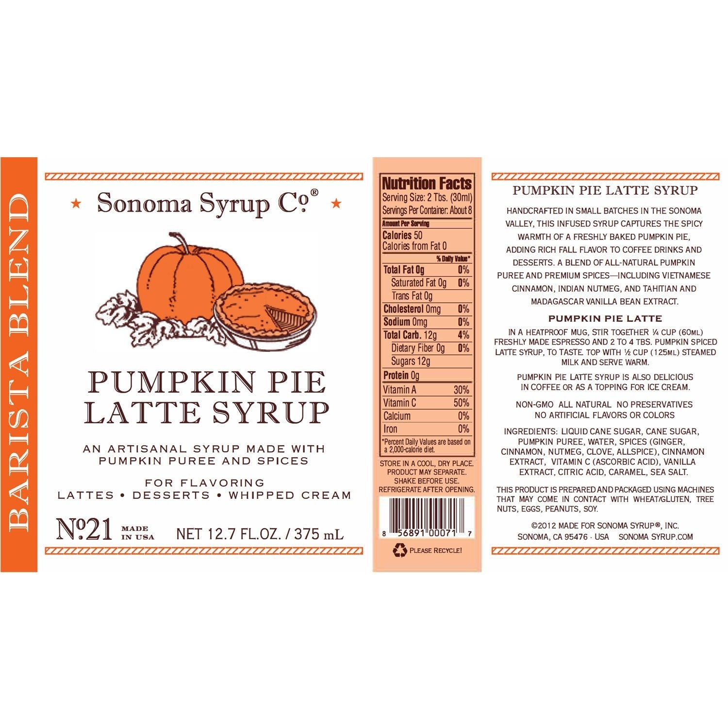 No. 21 Pumpkin Pie Latte Syrup - Sonoma Syrup Co.