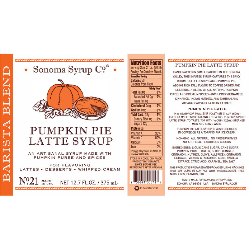 Sonoma Syrup Co. Pumpkin Pie Spice Latte Simple Syrup Label